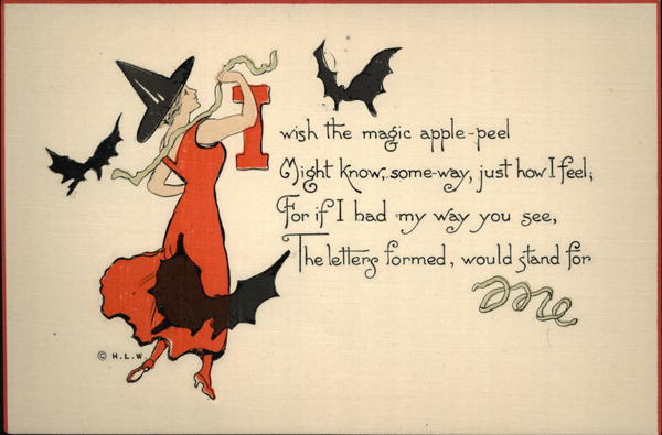 Witch Dressed in Red With Flying Bats